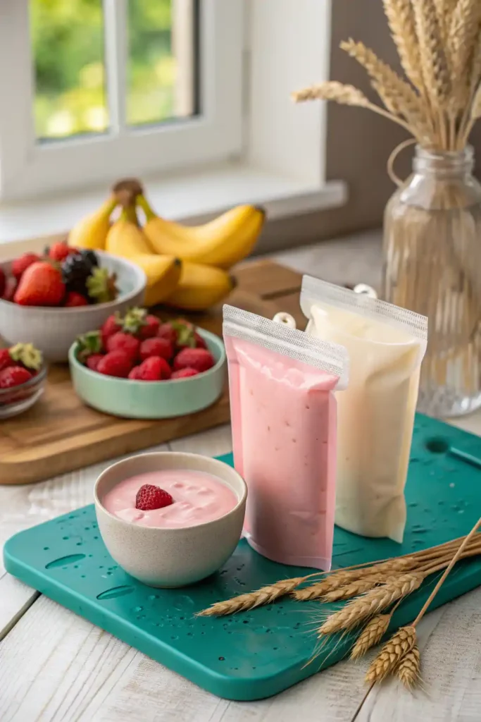 Reusable silicone pouch filled with homemade fruit yogurt on a kitchen counter.