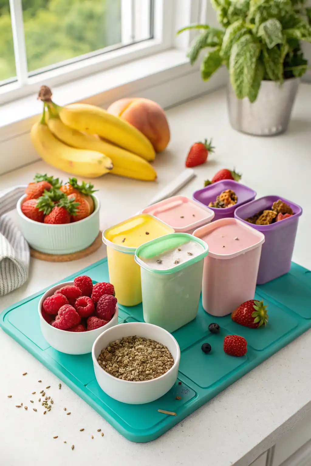 Reusable silicone yogurt pouches with fresh fruit and seeds on a kitchen counter.