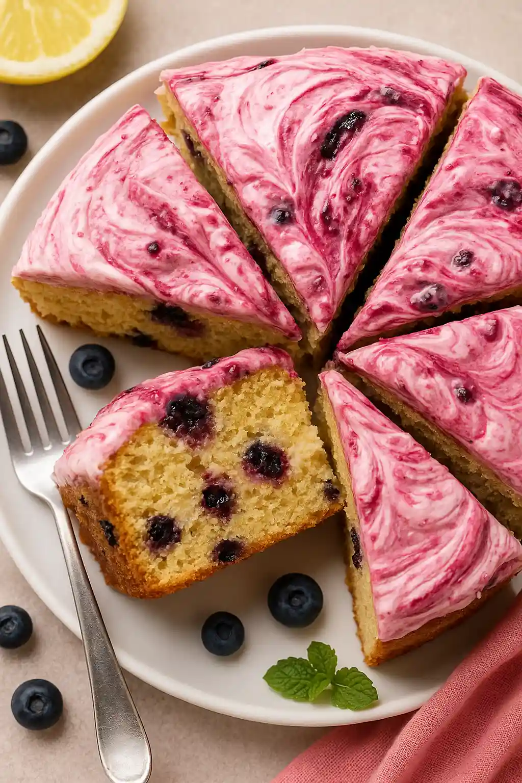 A close-up of How To Make The Ultimate Lemon Blueberry Olive Oil Cake Recipe slices with creamy berry swirl frosting, showing a moist texture with blueberries and golden crumb. How To Make The Ultimate Lemon Blueberry Olive Oil Cake Recipe