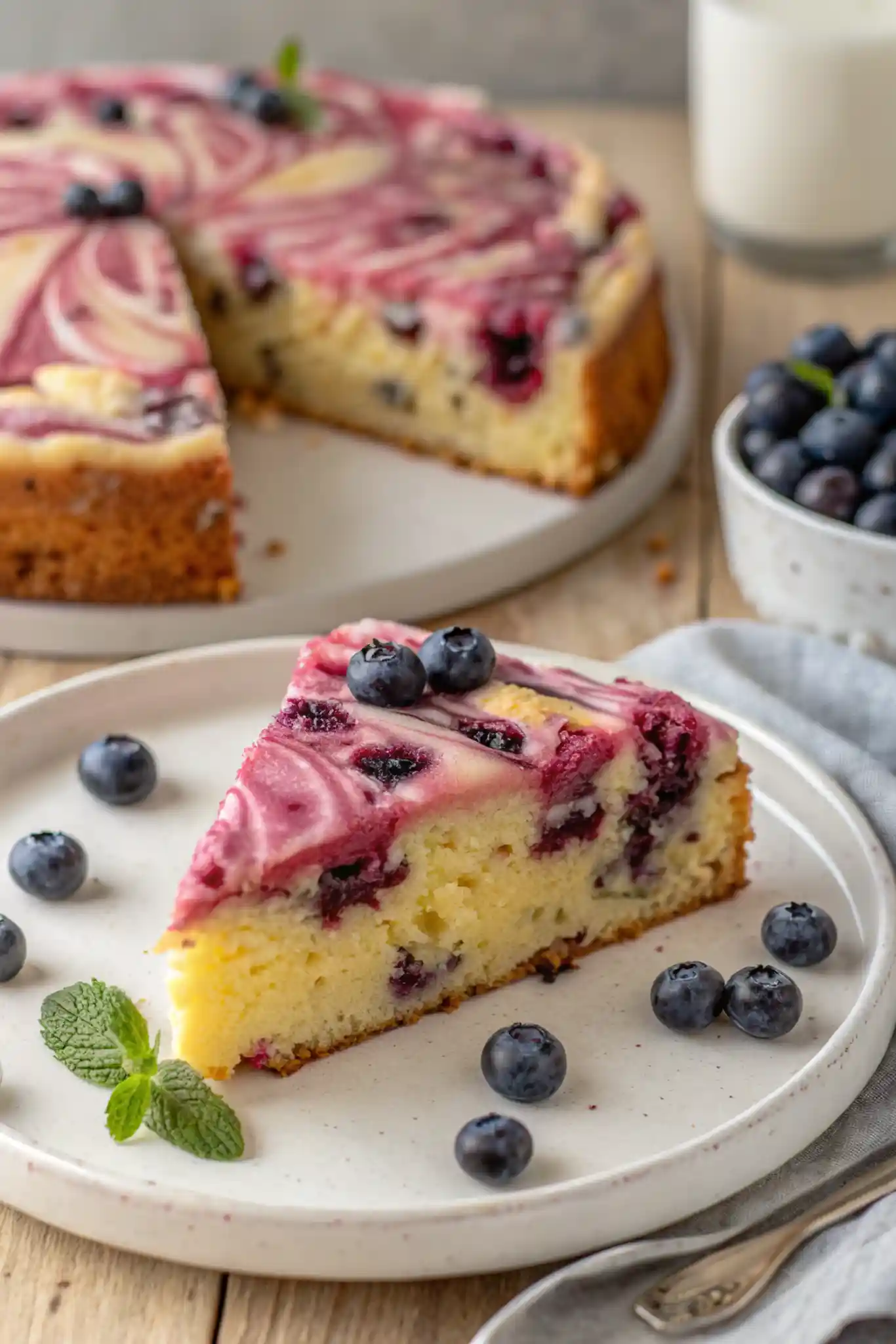 Close-up of lemon blueberry olive oil cake slice topped with blueberry glaze and roasted blueberries