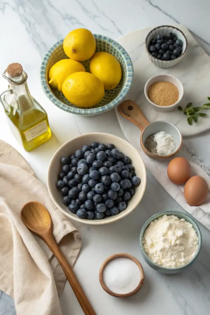 Flat lay of lemon zest, blueberries, olive oil, yogurt, almond flour, and other ingredients needed to make lemon blueberry olive oil cake. How To Make The Ultimate Lemon Blueberry Olive Oil Cake Recipe