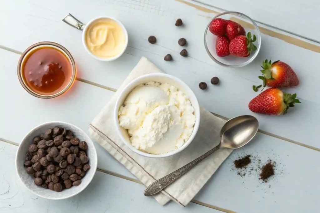 Ingredients for Ninja Creami cottage cheese ice cream including cottage cheese, maple syrup, vanilla, cocoa powder, fruit puree, and milk