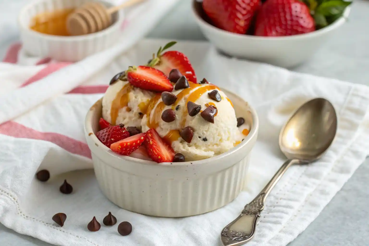 Bowl of creamy Ninja Creami cottage cheese ice cream with strawberries and honey drizzle