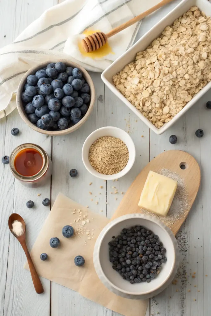 Overhead view of fresh ingredients for no bake blueberry oat bars including rolled oats, blueberries, honey, almond butter, and chia seeds on a rustic wooden table.