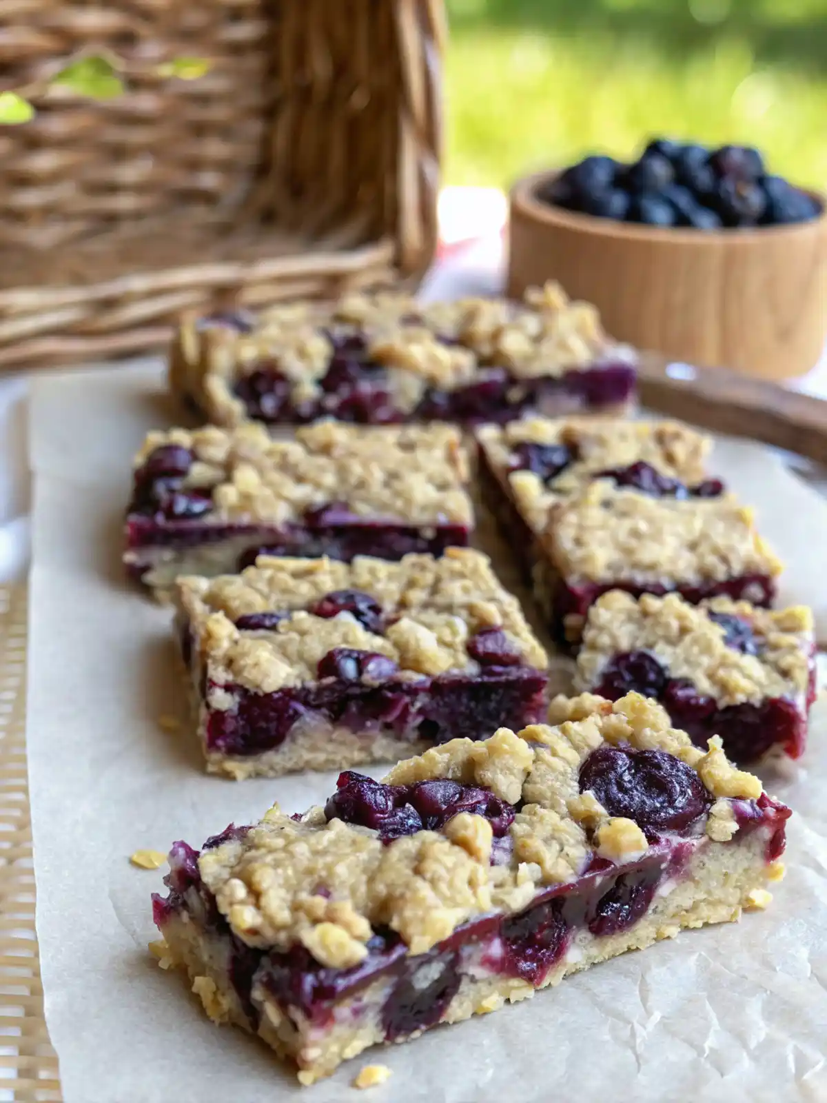 Close-up view of no bake blueberry oat bars sliced into neat rectangles, showing golden oat topping and rich blueberry filling on a light rustic background.
