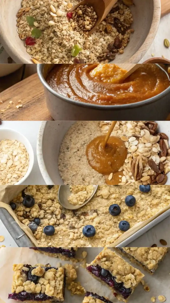 Step-by-step collage showing how to make no bake blueberry oat bars from gathering ingredients to slicing the final bars.