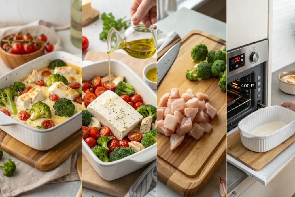 how to make baked feta chicken broccoli step by step in one image