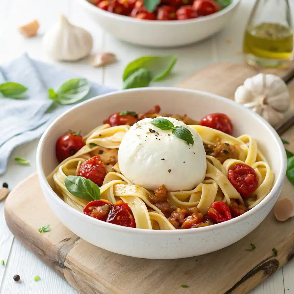 Pasta with roasted tomatoes and burrata in a white bowl, creamy burrata cheese melting into fettuccine with roasted cherry tomatoes, garlic, basil, and olive oil.