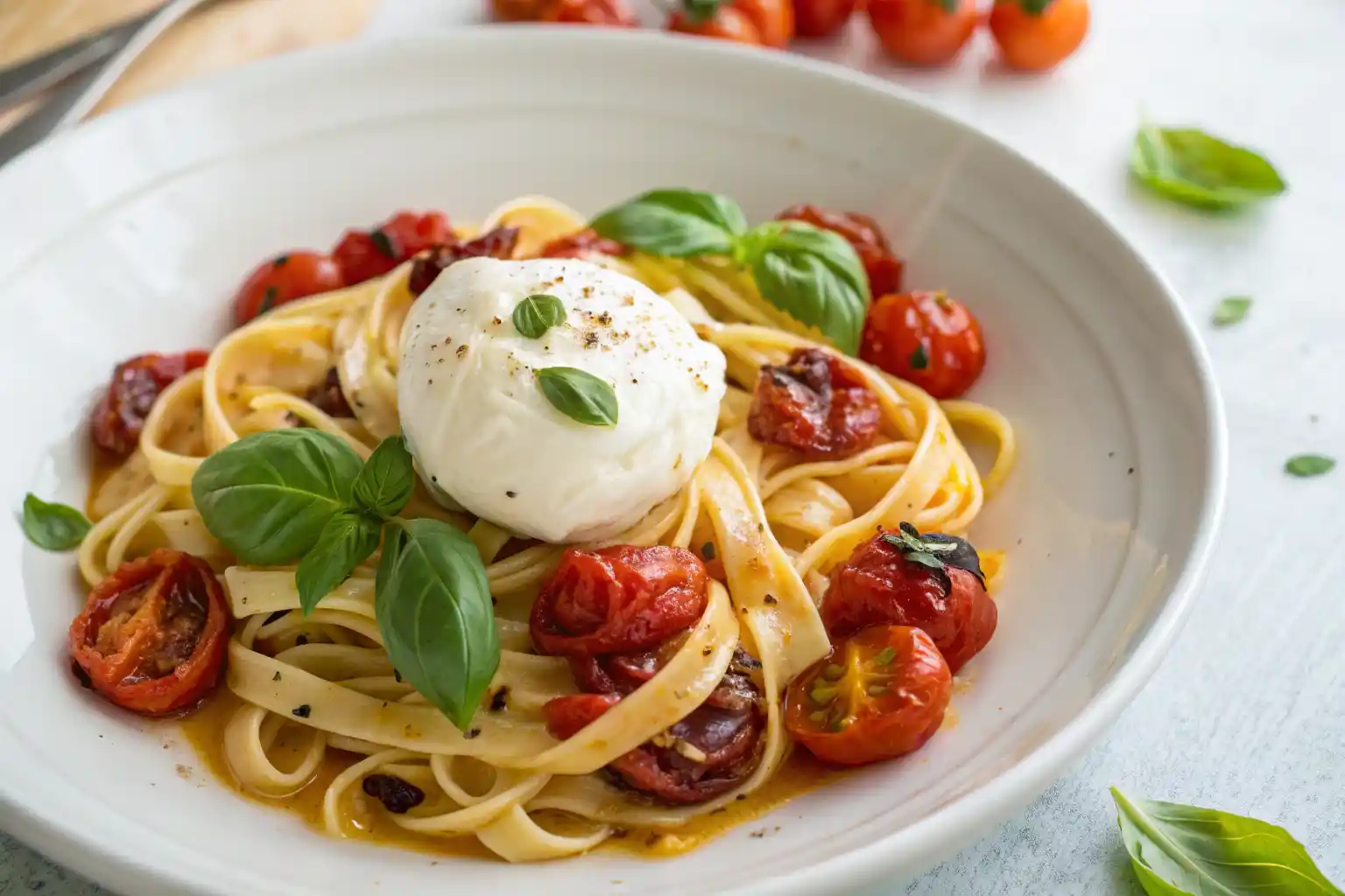 Pasta with roasted tomatoes and burrata topped with fresh basil and creamy tomato pasta sauce