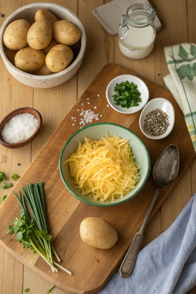 Ingredients for potato cheddar and chives bake on kitchen counter