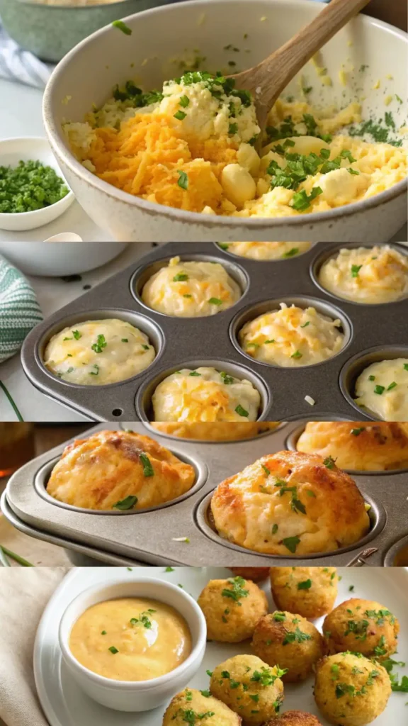 Step-by-step image collage showing how to make potato cheddar and chives bake