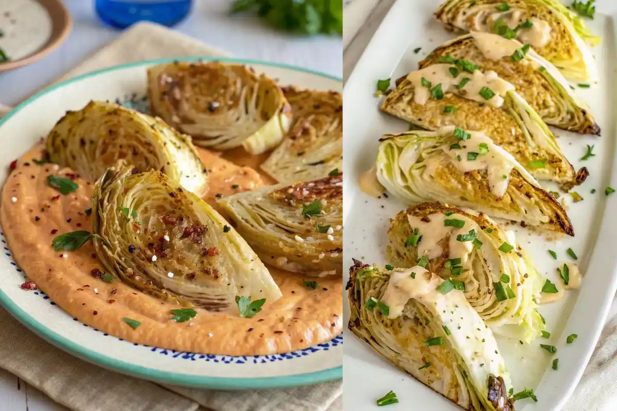 Roasted cabbage wedges with creamy sauces on serving plates