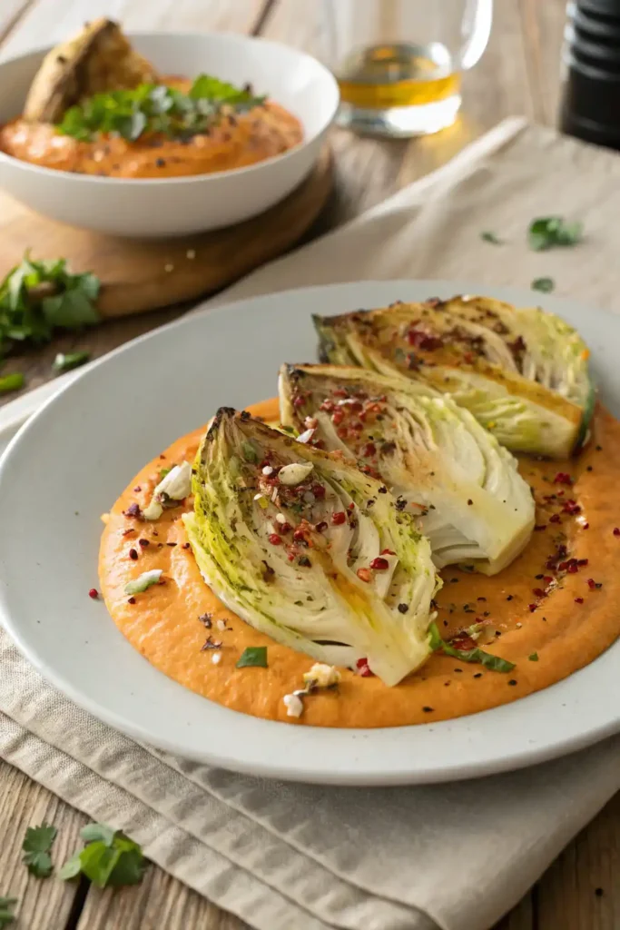 Golden roasted cabbage wedges served over creamy spicy feta dip, garnished with parsley, sesame seeds, and red pepper flakes.
