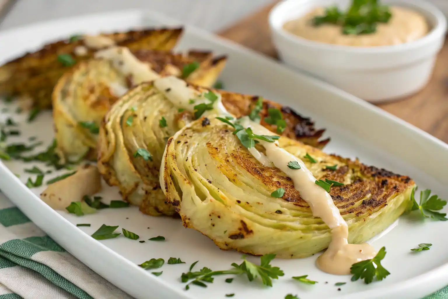 Golden-brown roasted cabbage wedges drizzled with creamy onion-Dijon sauce and fresh parsley on a white plate