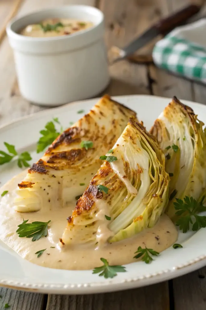 Golden roasted cabbage wedges drizzled with creamy onion Dijon sauce and garnished with fresh parsley on a white ceramic plate.