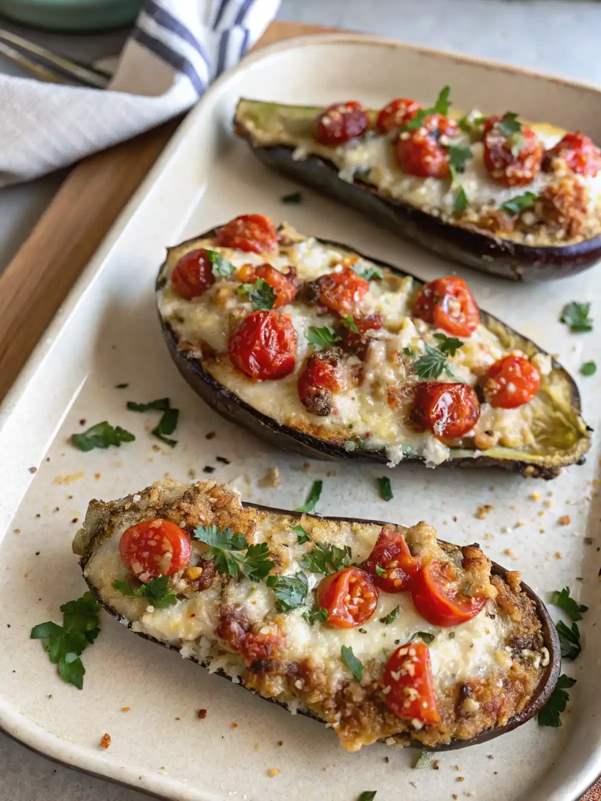 Roasted eggplant bruschetta with melted cheese and tomatoes on a ceramic plate