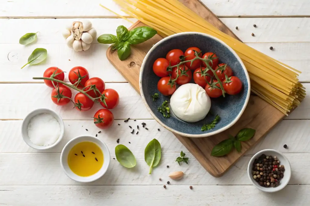 Ingredients for roasted tomato burrata pasta with garlic, basil, cherry tomatoes, and burrata cheese