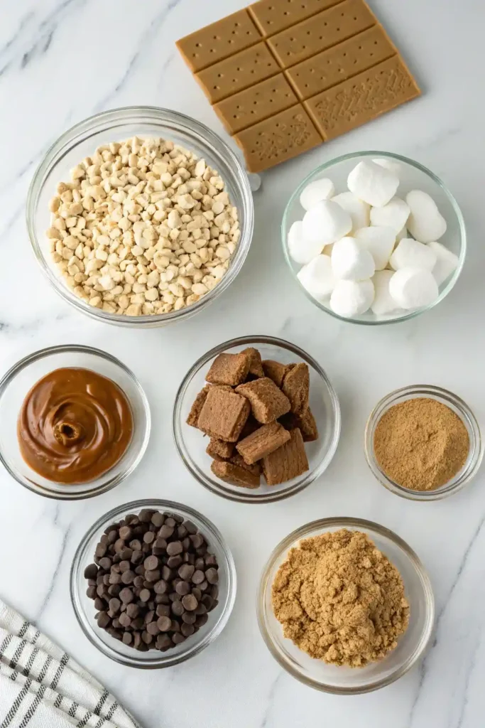 Flat lay of S’mores Granola Bars ingredients on white marble counter