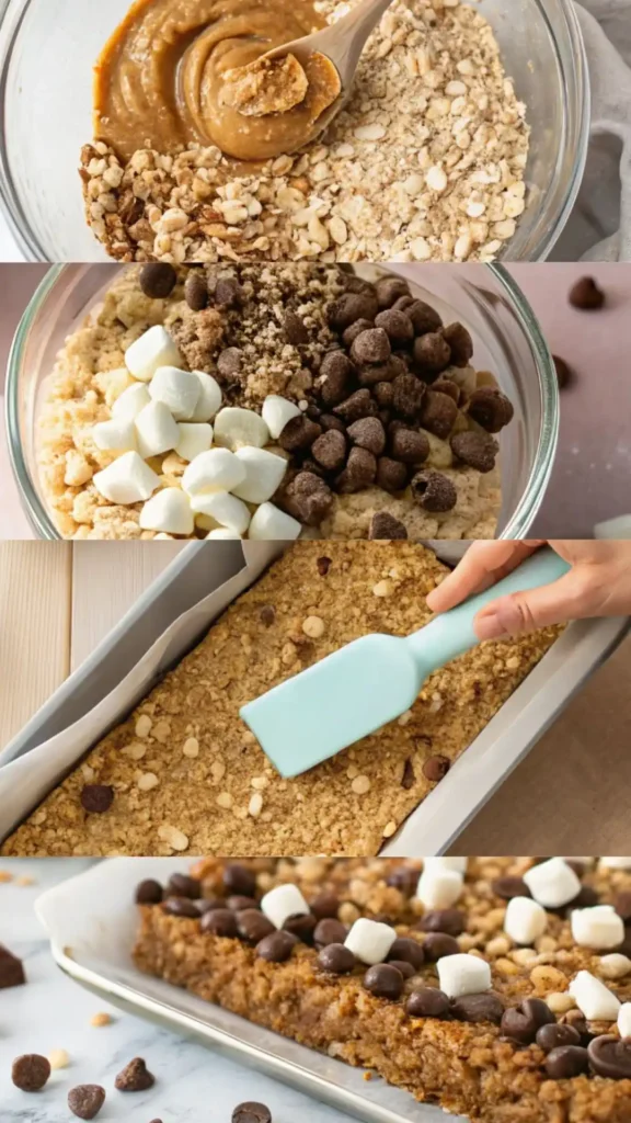 Step-by-step collage showing how to make S’mores Granola Bars from start to finish