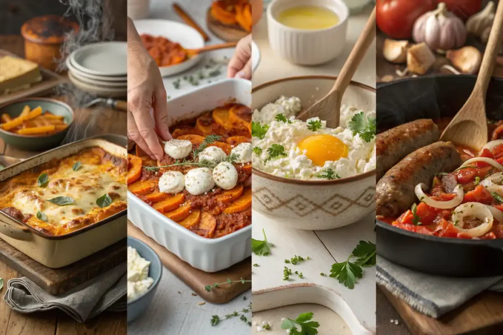 How to make butternut squash lasagna no pasta in five steps with cottage cheese and sausage.