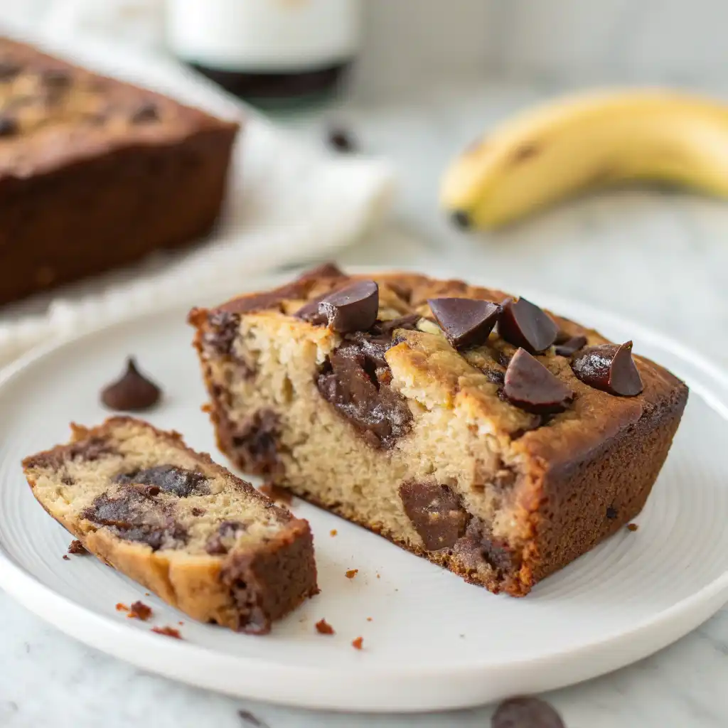 Slice of cottage cheese banana bread chocolate chunk served on a plate with coffee.