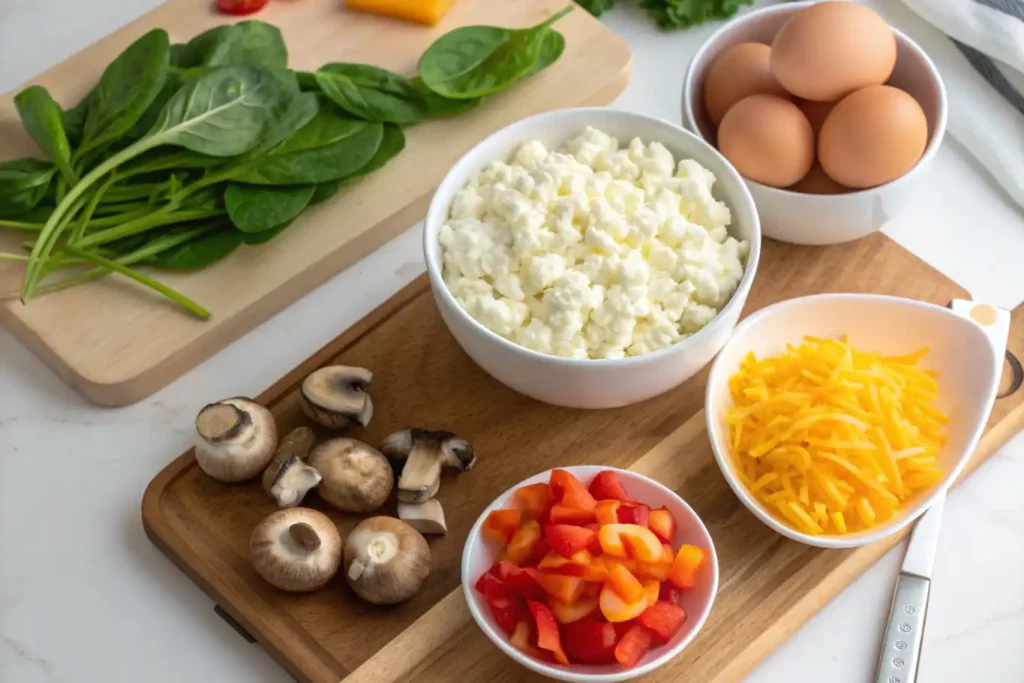 Eggs, cottage cheese, and vegetables prepared for egg and veggie breakfast bars.