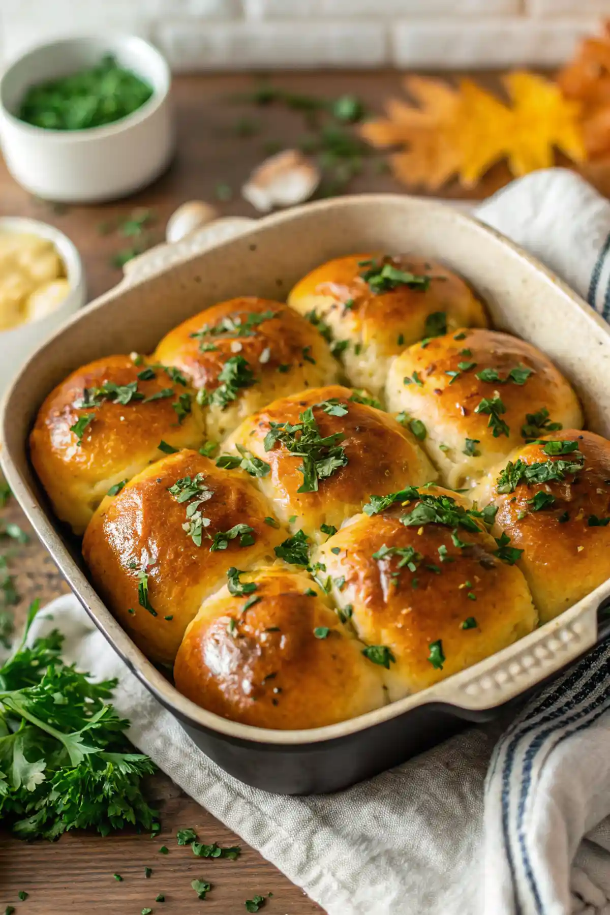 Homemade garlic butter rolls shaped into soft dinner rolls on a baking tray before baking.