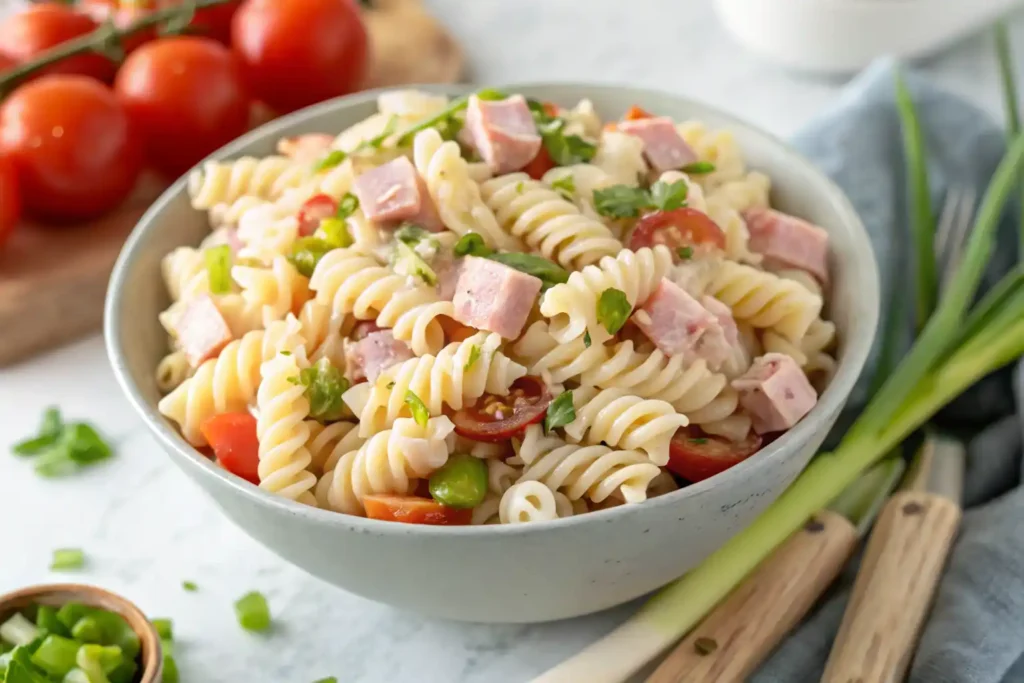 Simple pasta salad with cottage cheese, ham, tomatoes, and green onions in a ceramic bowl.