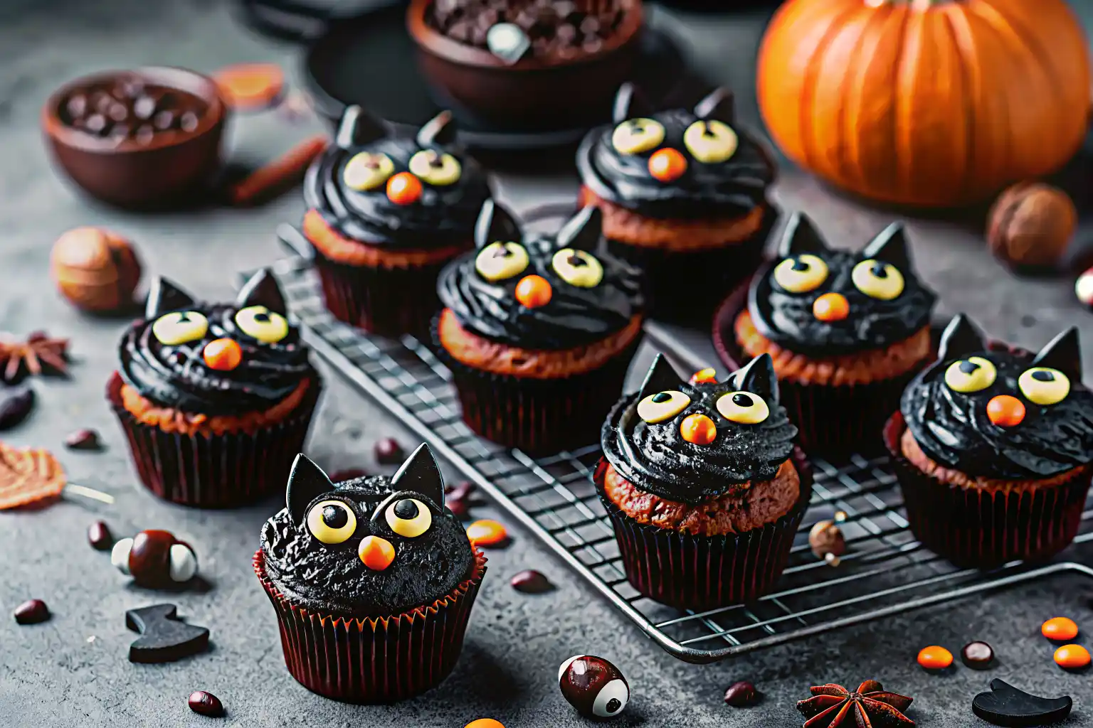 Black Cat Cupcakes decorated with chocolate frosting, Oreo ears, and candy eyes on a Halloween table