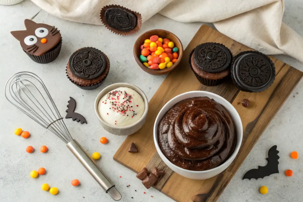 Ingredients for Black Cat Cupcakes including chocolate frosting, cream cheese frosting, Oreo cookies, and cupcake decorations