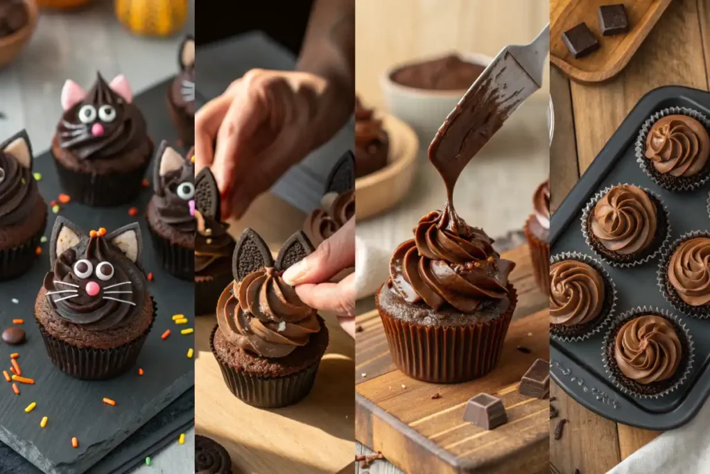 Step-by-step collage showing how to make Black Cat Cupcakes with chocolate frosting, Oreo ears, and cream cheese frosting details