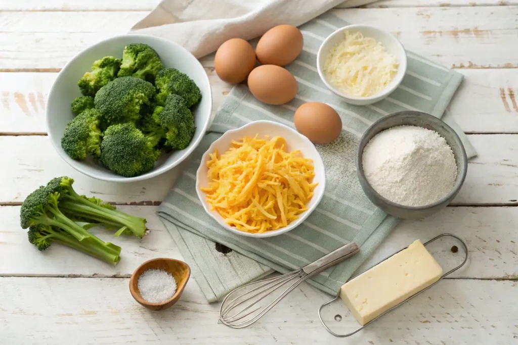 Ingredients for broccoli cheddar breakfast biscuits including cottage cheese, fresh broccoli, and shredded chedda