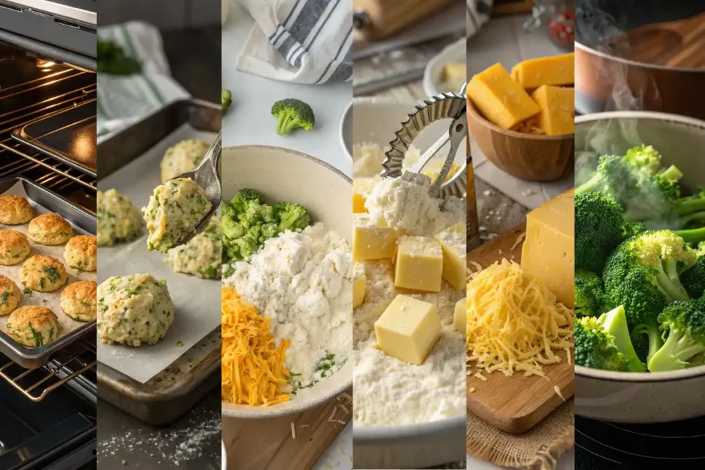 Step by step process for broccoli cheddar egg biscuits made with cottage cheese
