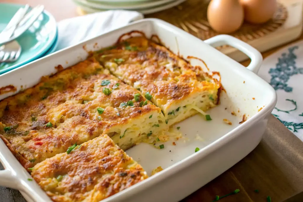 Butternut squash lasagna without pasta, layered with cottage cheese and baked to golden perfection in a white casserole dish.