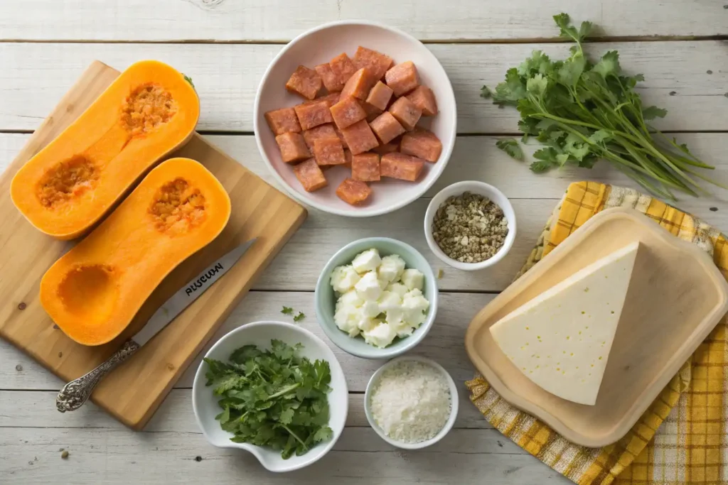 Ingredients for butternut squash lasagna no pasta with Italian sausage and cottage cheese.