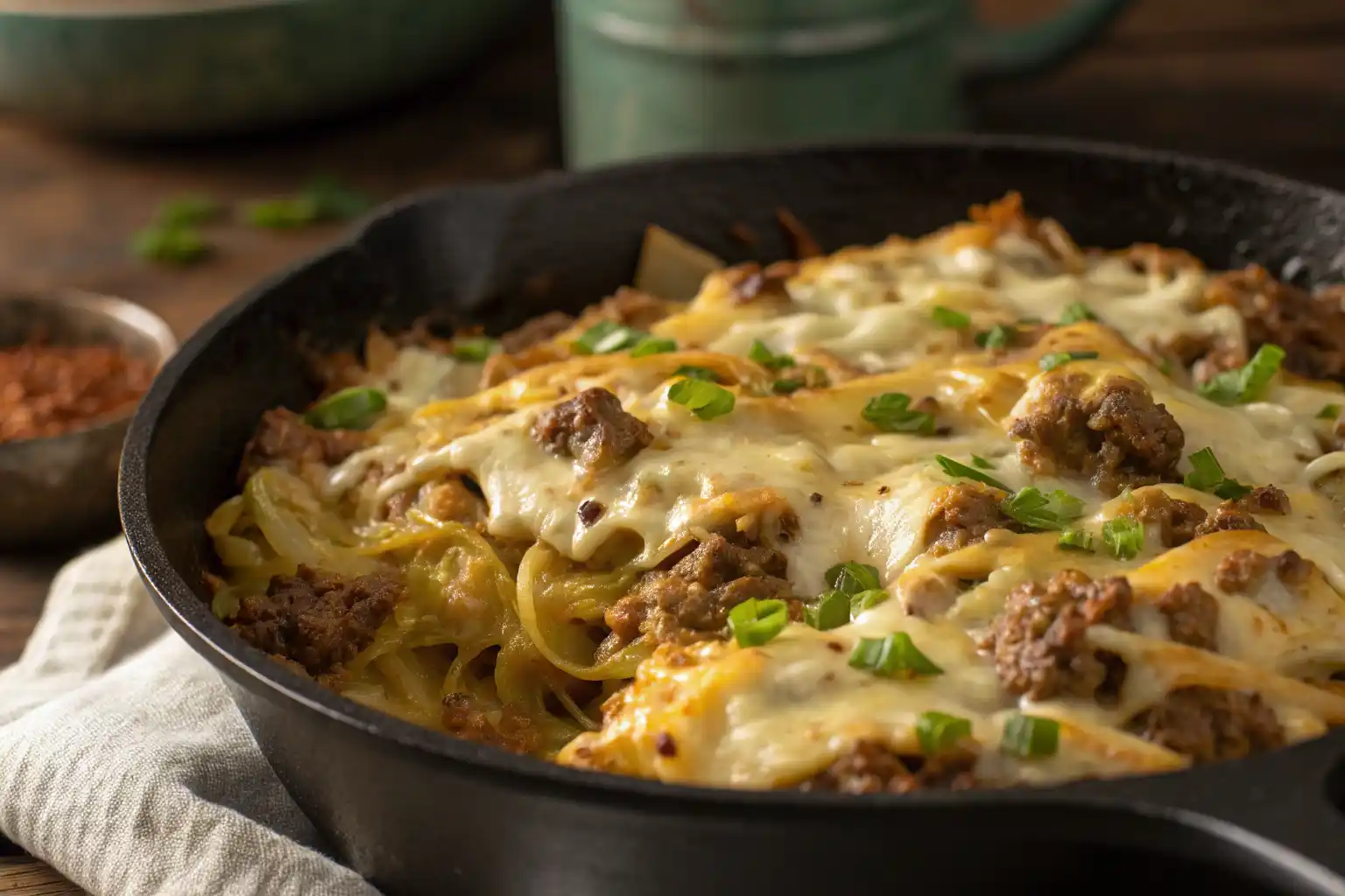 Cheesy beef & cabbage skillet casserole with cottage cheese in a cast iron pan.