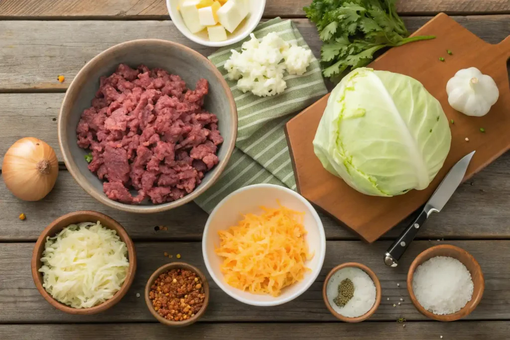 Ingredients for cheesy cabbage casserole with ground beef, cabbage, cottage cheese, and shredded cheese.