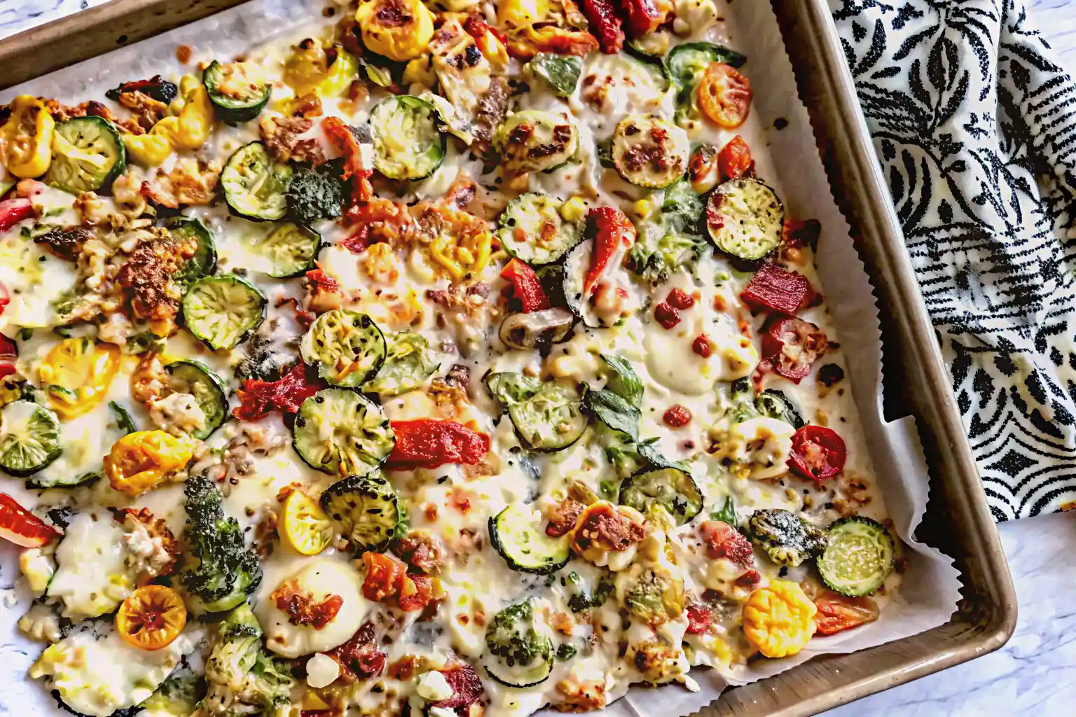 Cheesy chicken veggie sheet pan dinner with roasted vegetables and cottage cheese topping