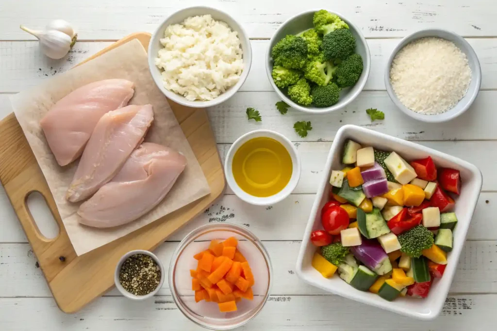 Ingredients for cheesy chicken veggie sheet pan dinner with fresh vegetables and cottage cheese