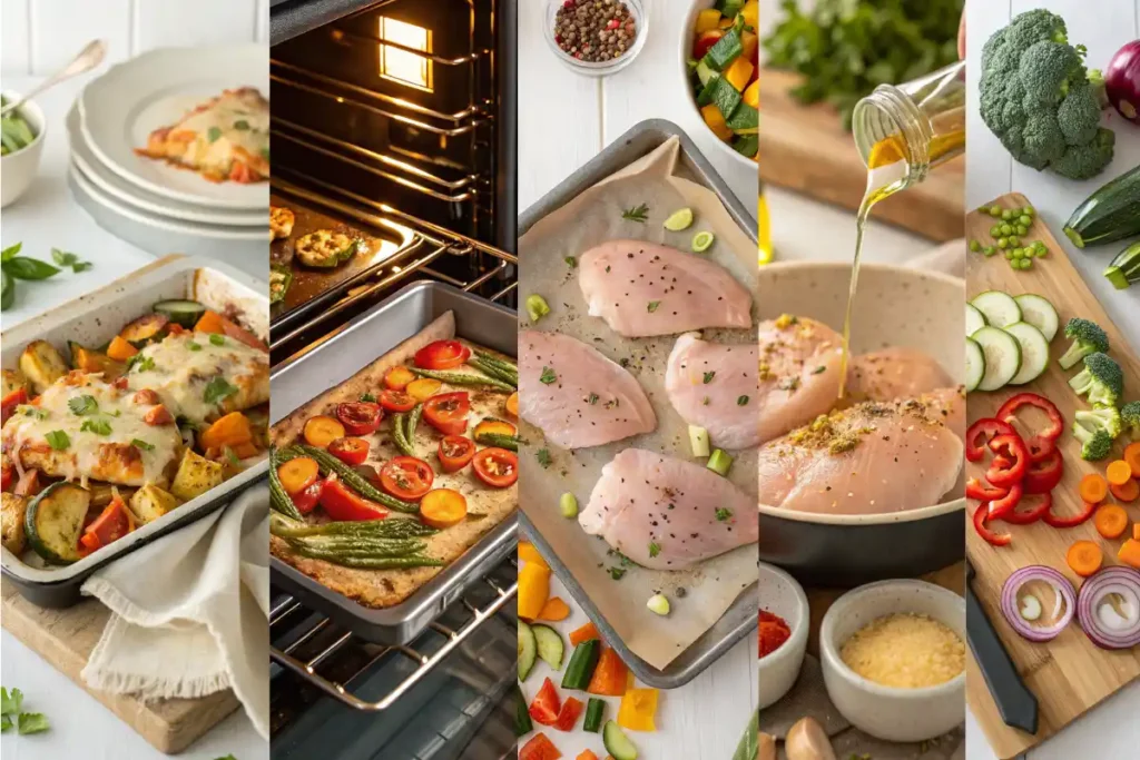 Step by step process of making cheesy chicken veggie sheet pan dinner with cottage cheese and roasted vegetables