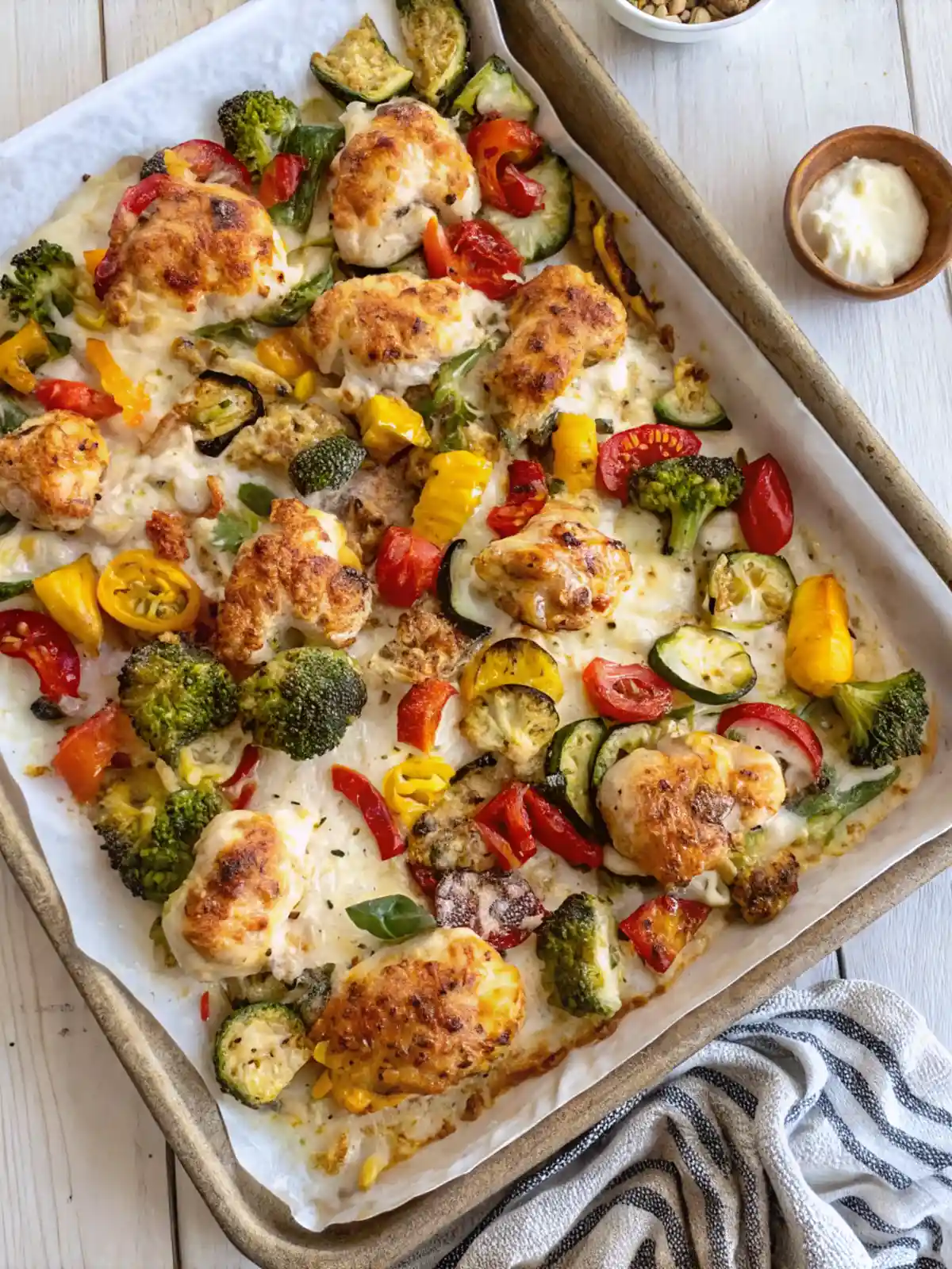 Plated cheesy chicken veggie sheet pan dinner with roasted vegetables and cottage cheese topping