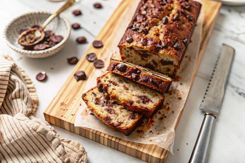 Freshly baked cottage cheese banana bread chocolate chunk loaf with melted chocolate chips on top.
