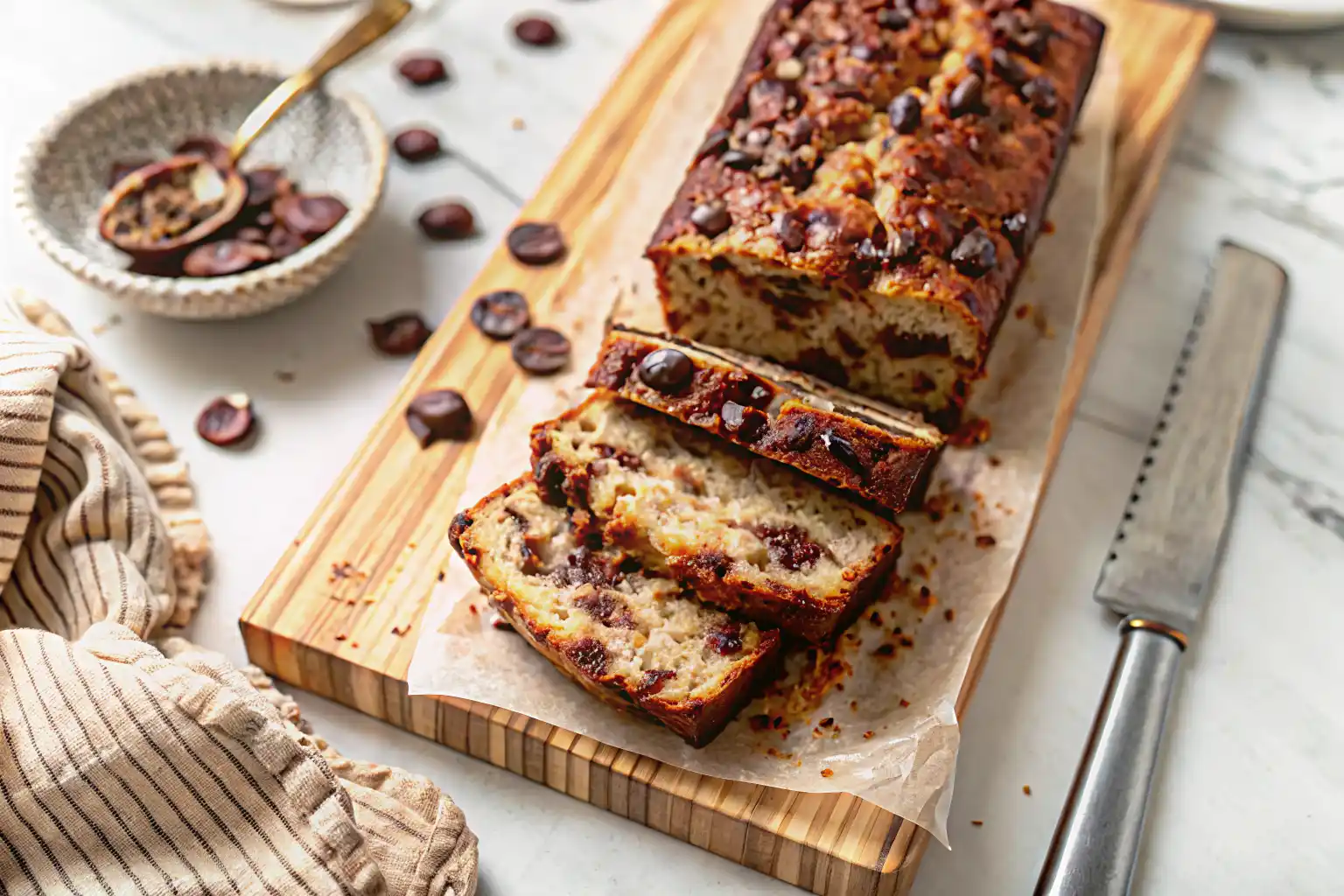 Freshly baked cottage cheese banana bread chocolate chunk loaf with melted chocolate chips on top.