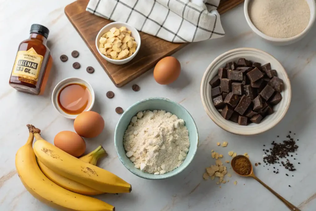 Ingredients for cottage cheese banana bread chocolate chunk including ripe bananas, cottage cheese, flour, eggs, and chocolate chips.