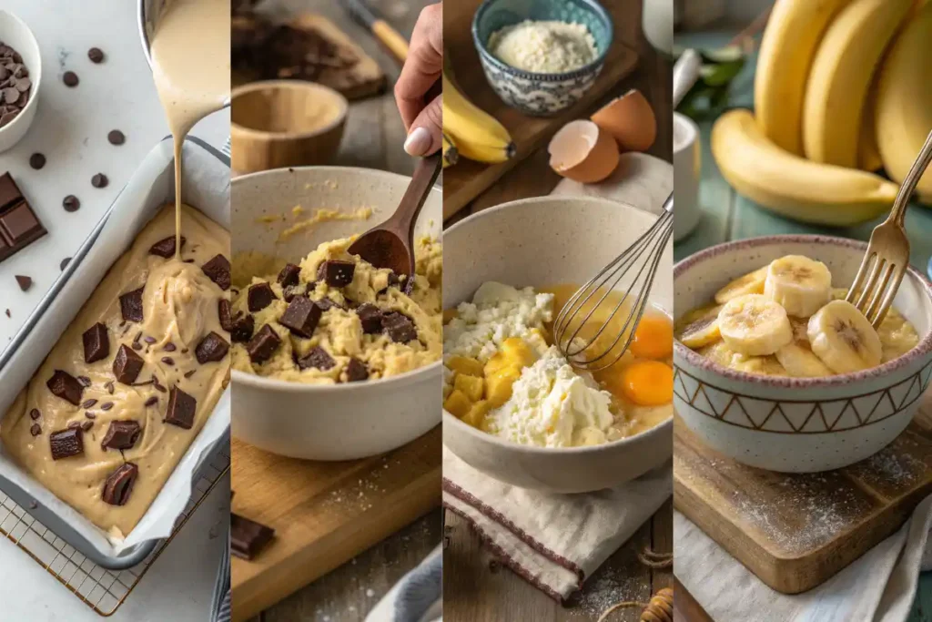 Step-by-step collage showing how to make cottage cheese banana bread chocolate chunk from mixing to baking.