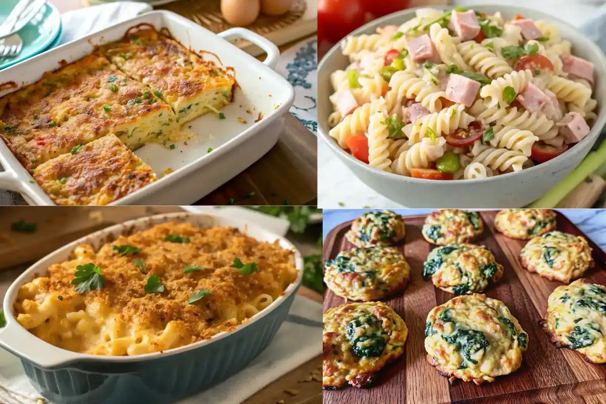 A cozy family dinner table with cottage cheese recipes including baked pasta casserole, pasta salad, broccoli cheddar biscuits, and mashed potatoes