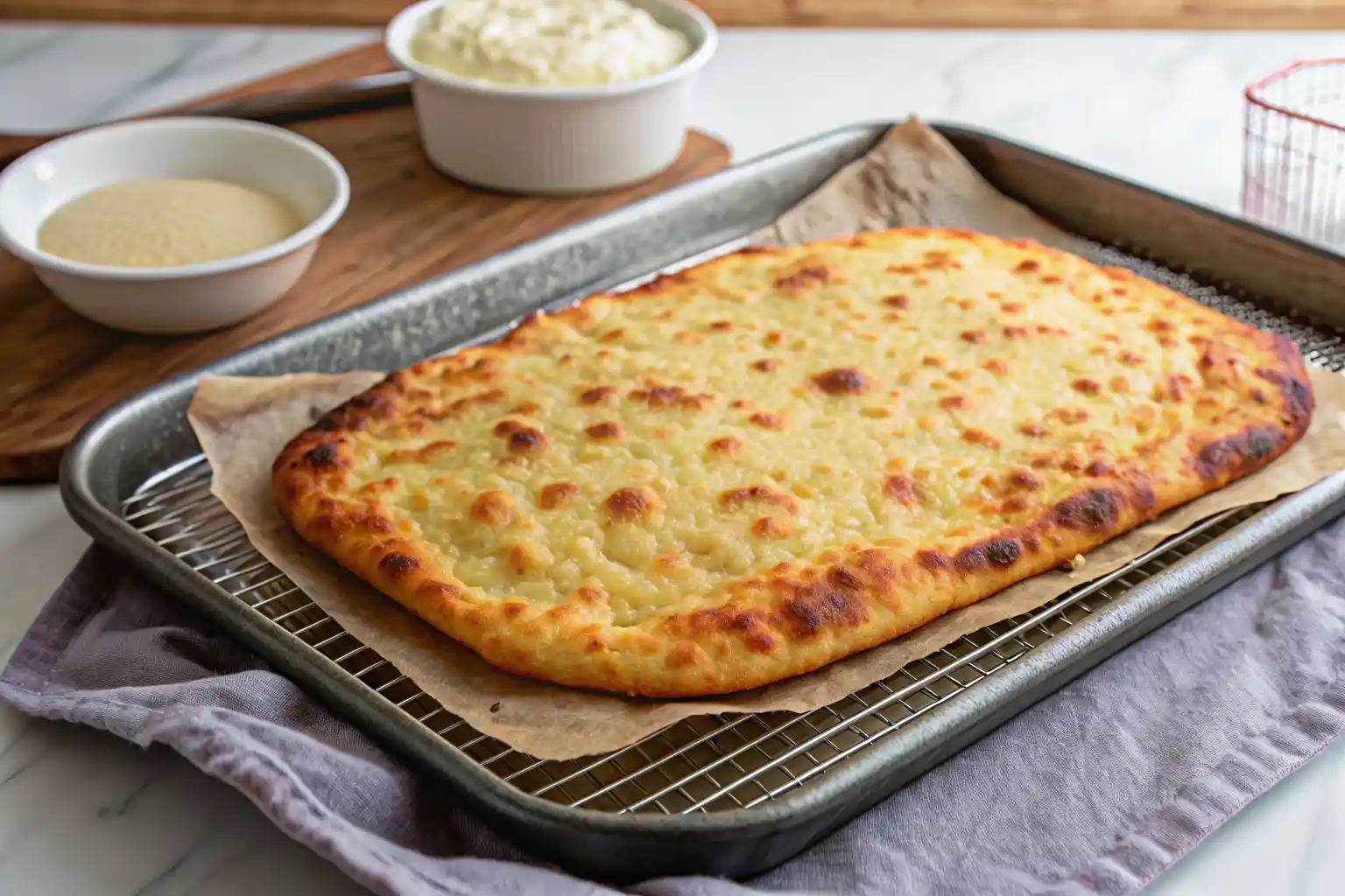 Cottage cheese flatbread recipe keto baked golden brown on a tray