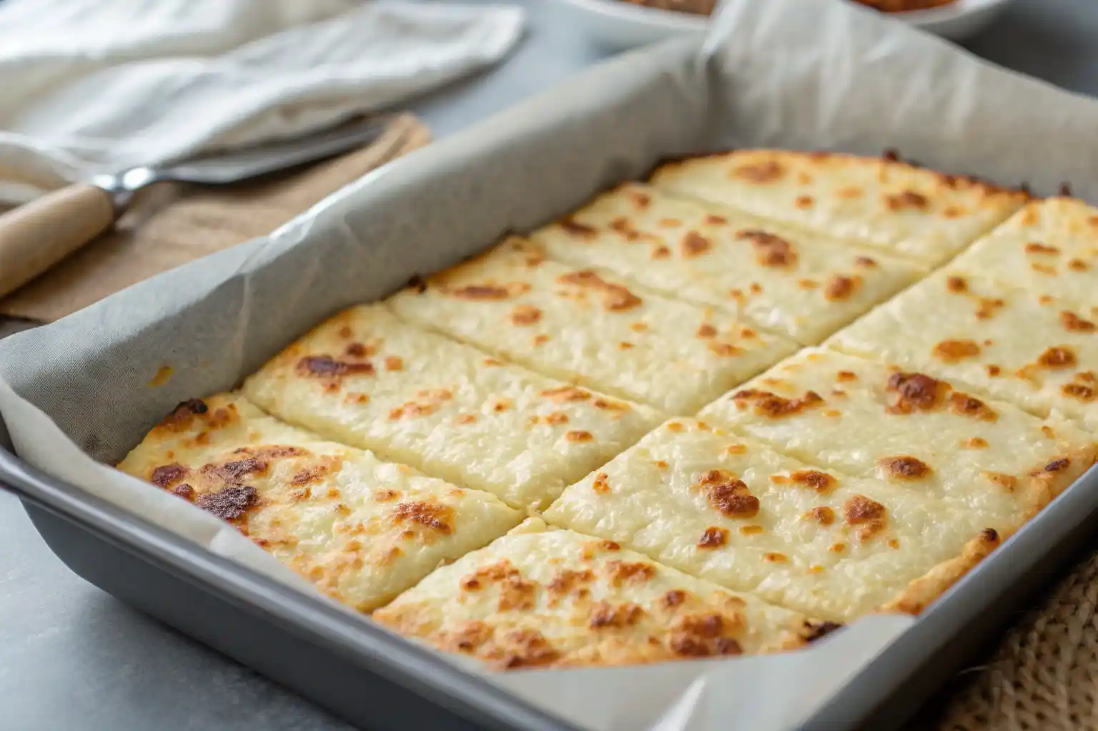 Close-up of cottage cheese flatbread recipe keto baked in a rectangular tray, golden brown with a soft low carb texture