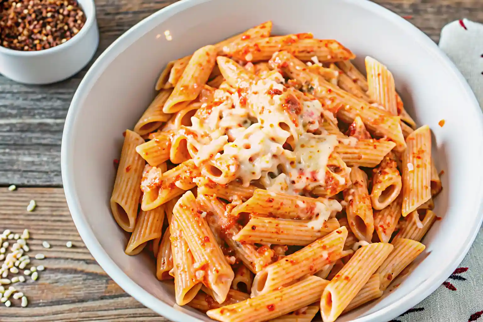 Creamy cottage cheese protein pasta sauce over spaghetti with basil.