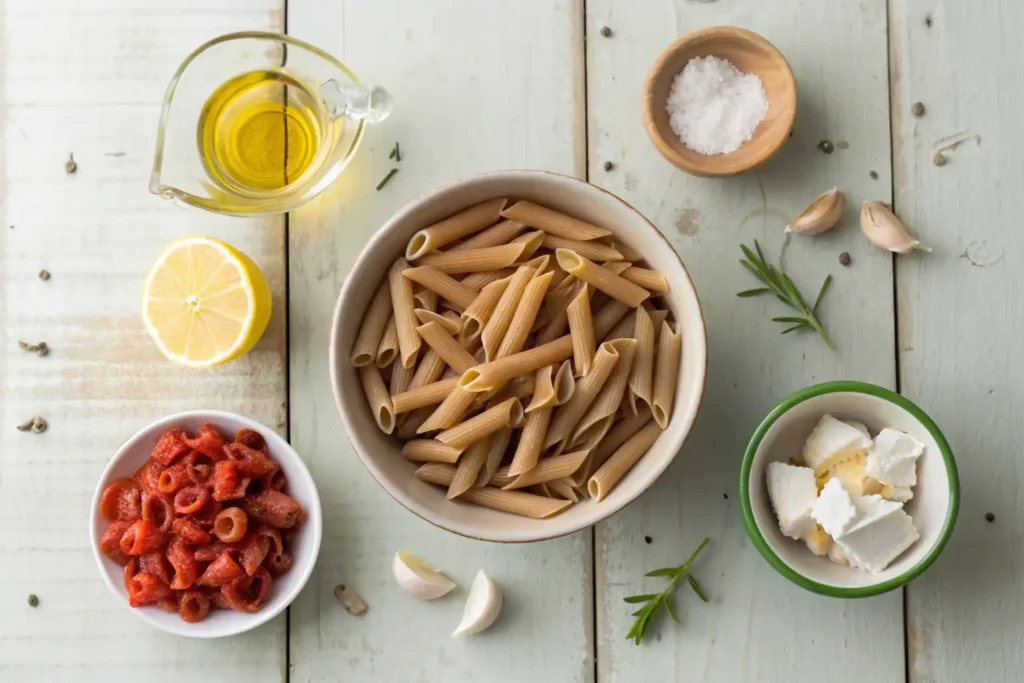 Ingredients for cottage cheese protein pasta sauce including penne pasta, olive oil, garlic, fire-roasted tomatoes, lemon juice, cottage cheese, and pasta water.